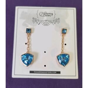 Blue Glass Rhinestone Crystal Dangle Earrings In Rose Gold Tone Sterling Silver